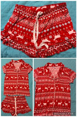 2 pc holiday pj set red w white reindeer 2pc set SS button down top and shorts Women's - L
