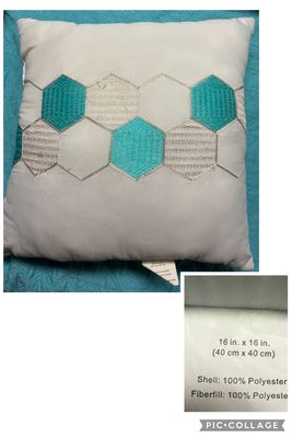16x16 square white throw pillow Aqua white honeycomb design on front