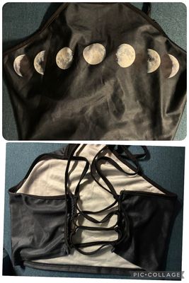 Black Halter top w moon phases corset like Adjustable back and ties around waist Women's - M