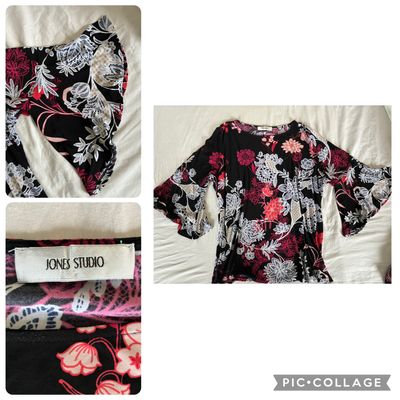 Jones studio floral tunic w flutter sleeve Black floral print tunic w 3/4 flutter sleeve Women's 2X