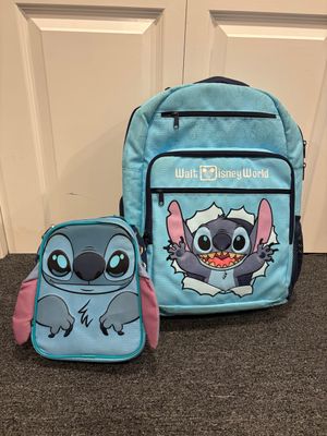 Disney Large Stitch Laptop Backpack and lunch box. Bottom shows wear.