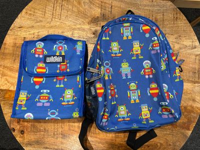 Unknown Robot backpack and lunchbox. Both have name written inside
