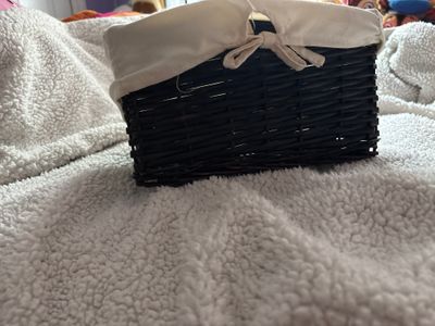 Small brown wicker basket with cream liner Liner is removable, great for storing little things