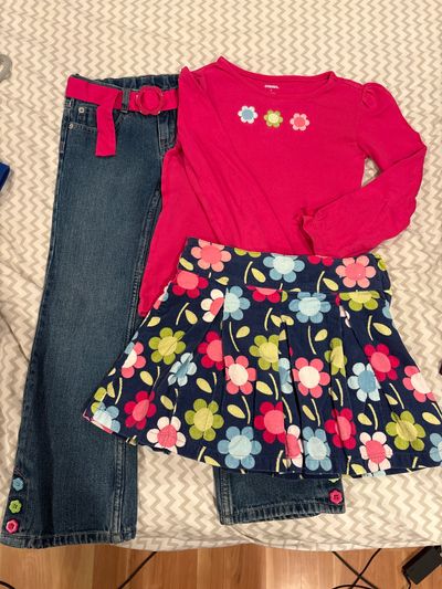 Gymboree 3 piece matching set- jeans, corduroy skort, long sleeve shirt 7-8