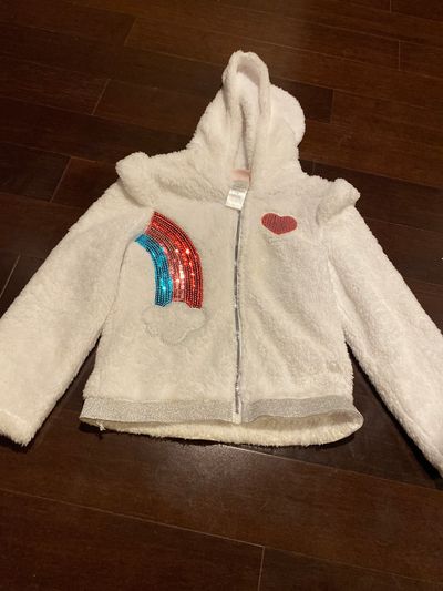 Little lass White zip up warm fuzzy sweater size 5 5T/5