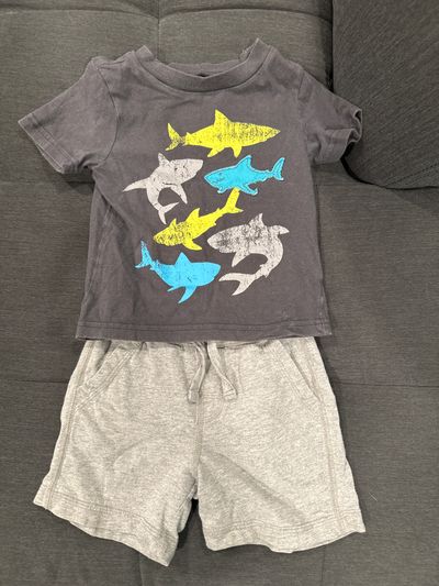 Carters baby gap 2-piece set dark gray shark short sleeve tee and light gray short 12-18 Months