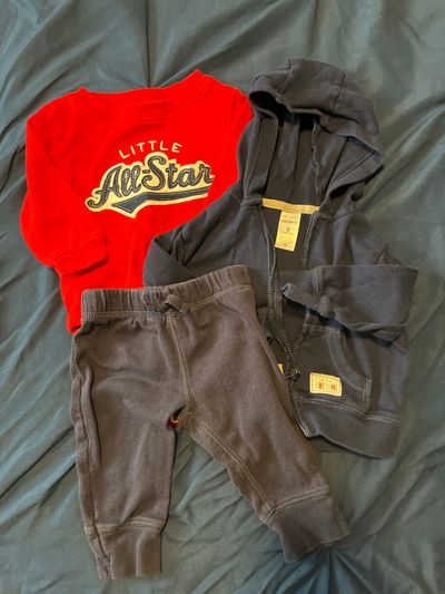 Carters 6 months 3 pc set navy pants and zip up with red LS little all star onesie 3-6 Months