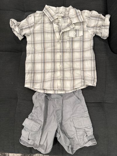 Childrens place Light gray shorts w/adjustable waist, gray white button down 12-24 Months