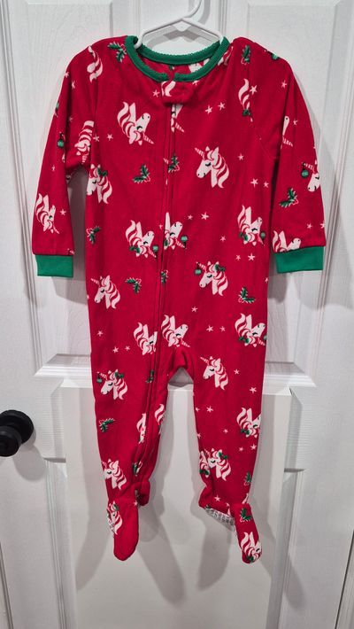 carters LS fleece zip up footed pj red unicorn 2T