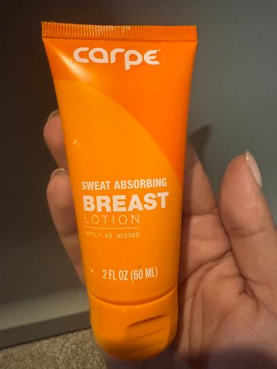 Carpe sweat absorbing breast lotion. Opened Carpe sweat absorbing breast lotion. Opened