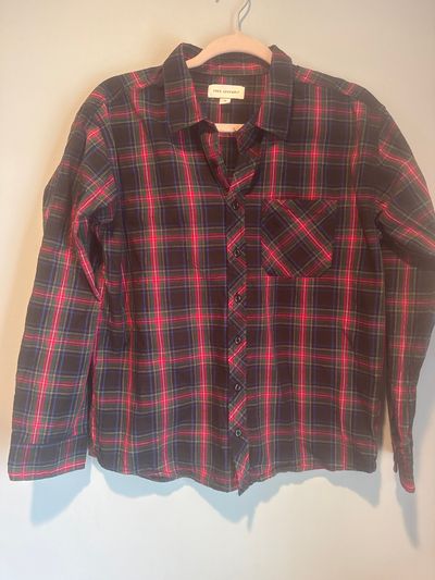 Free Assembly Black collard button up red, blue, green plaid 14-16