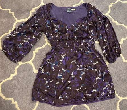 Flounce 9 Smocked/ cinched waste 3/4 sleeve brown and purple satin blouse Women's - M