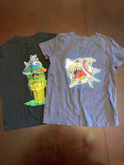 Size 4-5 set of two fun summer short sleeved tees Frog cone and shark baseball 4T
