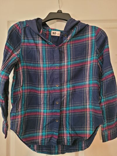 SO long sleeve Plaid multi color shirt with navy blue hoodie 10-12