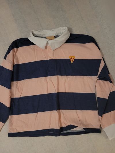Thereabouts Pink and blue striped long sleeve shirt with pizza 10-12