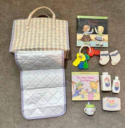 American Girl Bitty Baby Changing Bag and access. Some stain,  writing in book