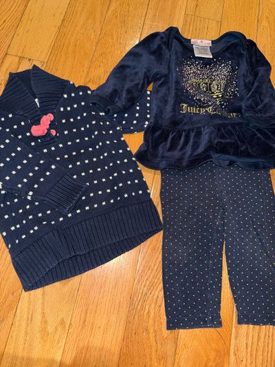 Juicy Couture Lot - navy polka dot sweater and navy velour l/s top & leggings 6-12 Months