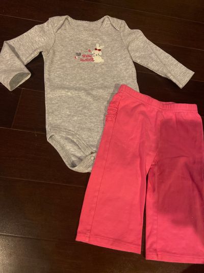 Jumping beans 9 months long sleeve onesie and pink pants with ruffle back 9 Months