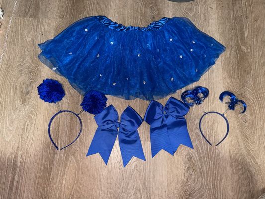 A blue rhinestone tutu, two blue play headbands, And two blue oversized clip in bows