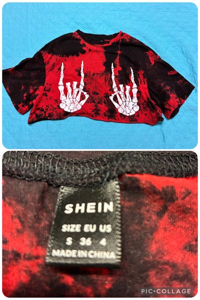 SHEIN red black tie die crop top Red crop top w Skeleton hands Junior S - 3
