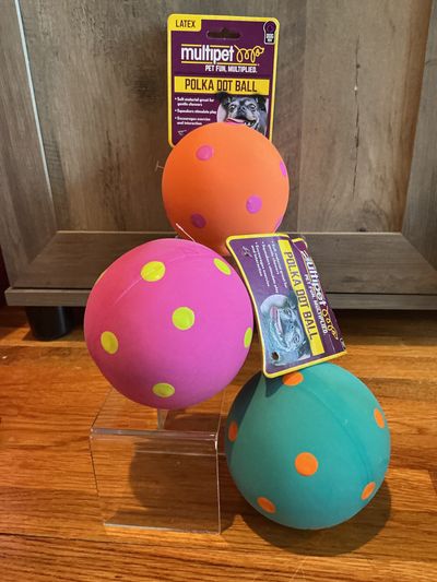 Multipet 3 squeaky polka dot dog toy balls - about 4 inches in diameter