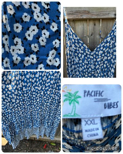Pacific vibes long dress w ruffled high low hem Blue w tiny white & black foral spaghetti straps Women's XXL 18