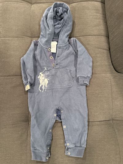Ralph Lauren Blue polo hoodie onesie with small pocket and 3 buttons on top 9 Months