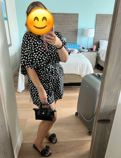 Gilli Black and cream heart Button up short sleeve romper with tie Women's - L