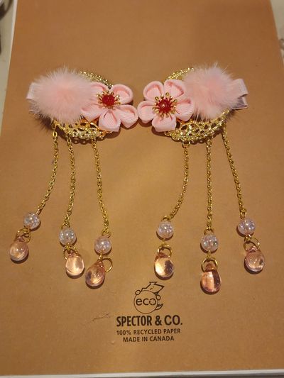 NEW pink cherry blossom hair clips long beaded tassels and soft plush pom-poms,