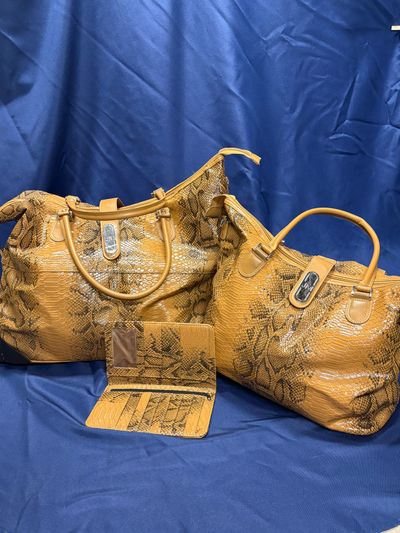 3 pc luggage set brown snake skin Rolling duffel 20x15 bag 12x18 wallet 5x9