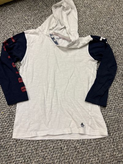 Penguin White hoodie w navy sleeves tshirt 7-8