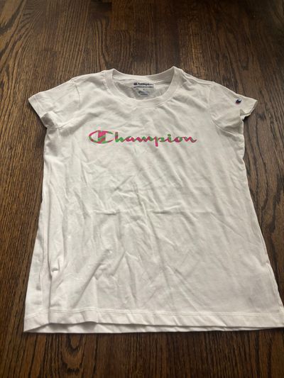 Champion, white short sleeve T-shirt, size large  10-12