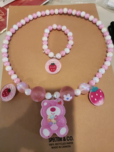 jewelry set features pastel pink and white beads, jewelry set features pastel pink and white beads,