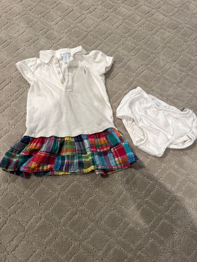 Polo Ralph Lauren White and plaid dress with matching bloomers 9 Months