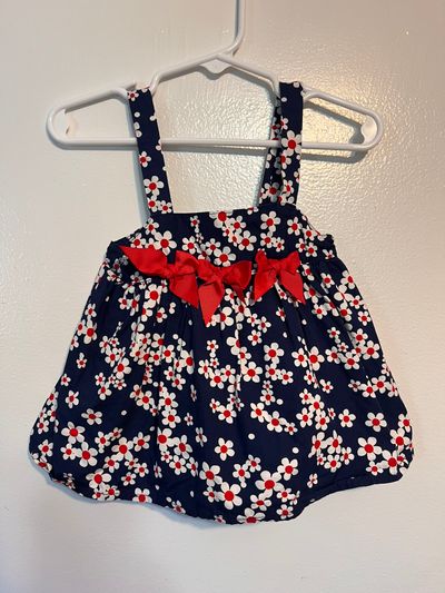 Unknown Navy Dress w White Flower Pattern & Red Bows 12 Months