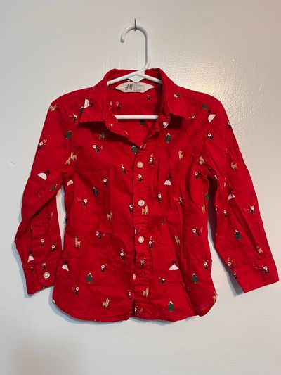 H&M Red Christmas Button Down Long Sleeve Shirt 3T