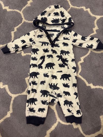 Carters 10 White w navy blue bear logos fleece hooded onesie 3-6 Months