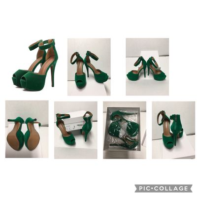 Enelauge velvet green peeptoe ankle strap 4in heel NEW in box/never worn/ extra heel taps 6 (Adult)