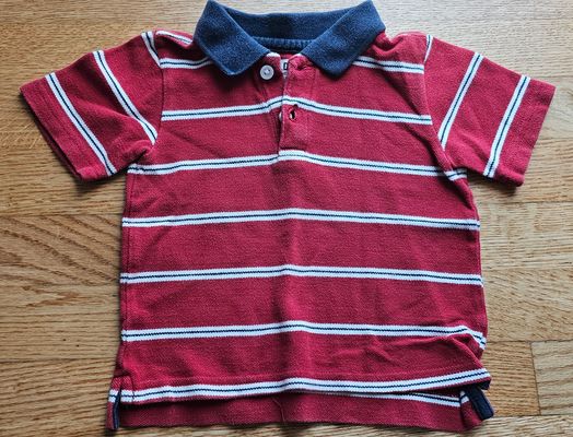 Old Navy Polo shirt in red with white stripes and navy collar. 18-24 Months
