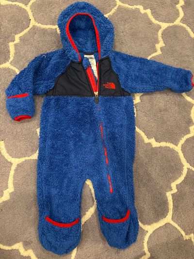 The North Face 10 Royal blue w red trim fleece hooded bunting onesie 3-6 Months