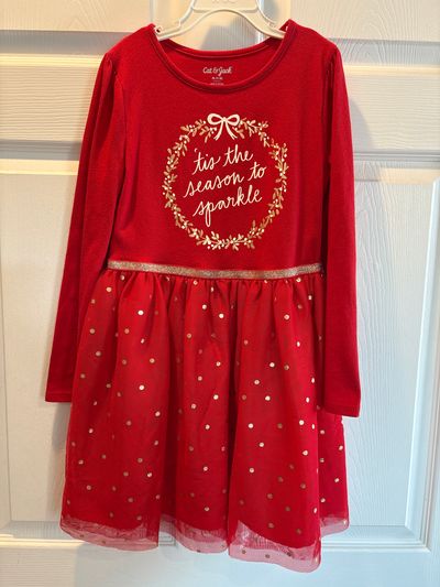Cat & Jack Red long sleeve tis the season to sparkle dress 7-8