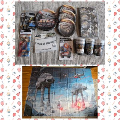 Star Wars/Mandalorian -banner 87x68 in, candle set 24 invitations,12 pencils,8 large&24 small plates,24 cups,napkins