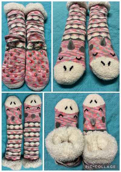 Adorable unicorn slipper Sox w skid proof bottoms Pink w 3D unicorn face lining & above ankle length Women's - M