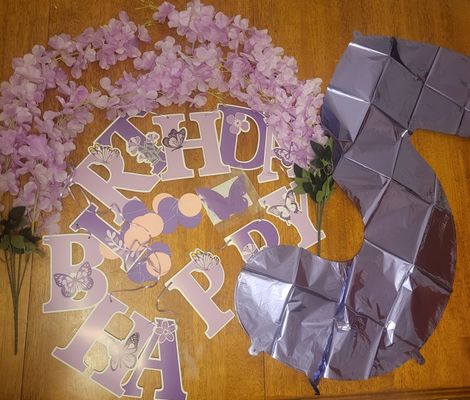 unknown purple bday banner #5 balloon 2 flower garland 12 3D butterflies