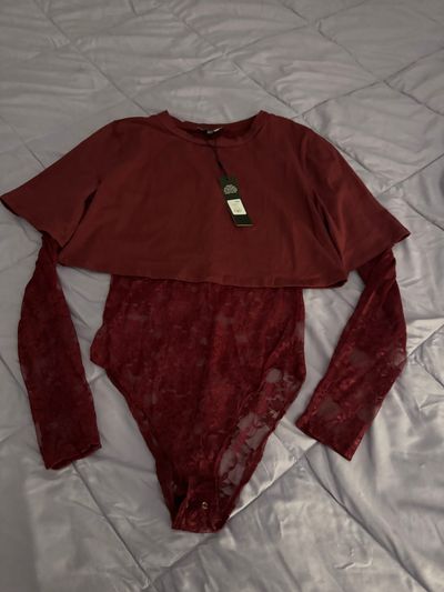 Fashion Nova NEW- Burgundy Half Lace Bodysuit Junior M - 6
