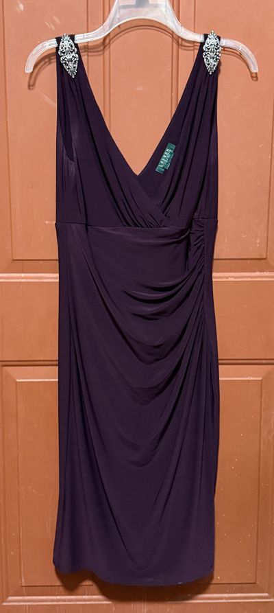 Ralph Lauren plum dress silver accent on sleeve Cross v neck mid calf length Women's 10