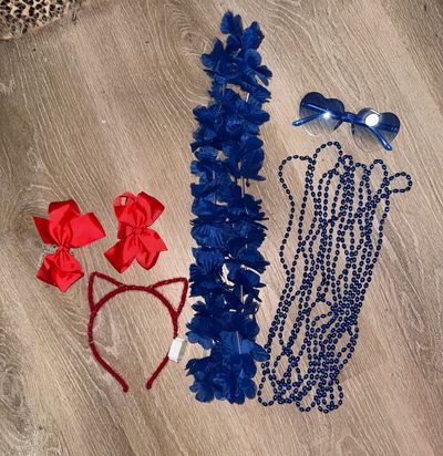 Blue Hawaiian necklace, 7 beaded necklaces, heart Sunglasses, red clip in bows, red light up cat headband