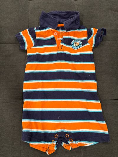 Carters Blue and orange striped onesie with collar and 2 buttons on top 12-18 Months