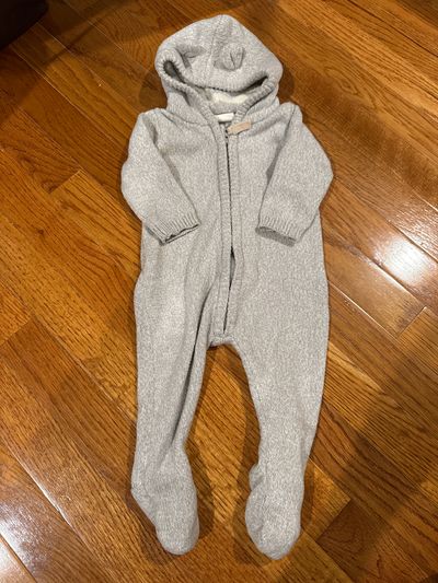 Cuddl duds Grey onesie with bear hood and zipper 3 Months