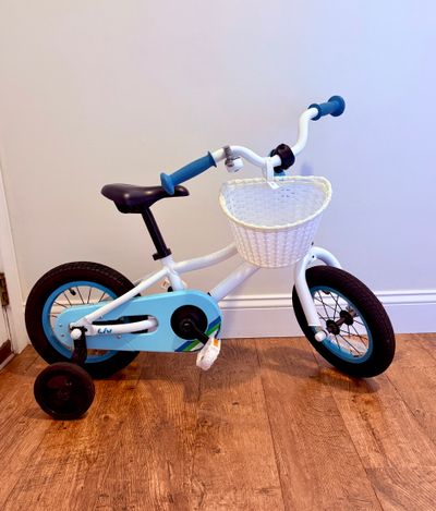 Liv Adore 12 inch blue and white girls bike w basket and bell 12 Kids Bike